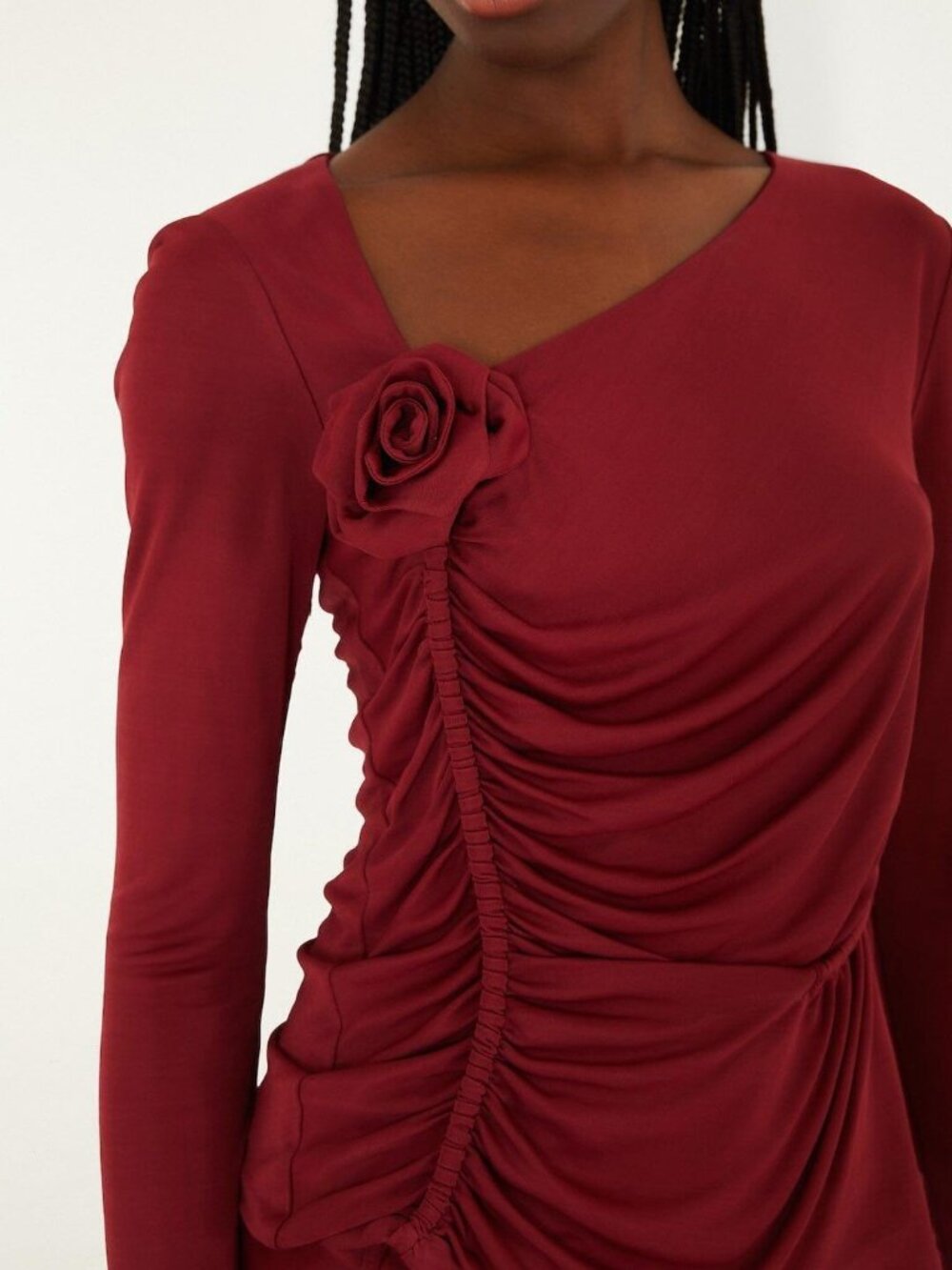 NWT FARM Rio Burgundy 3D Flower Draped Long Sleeve Blouse L